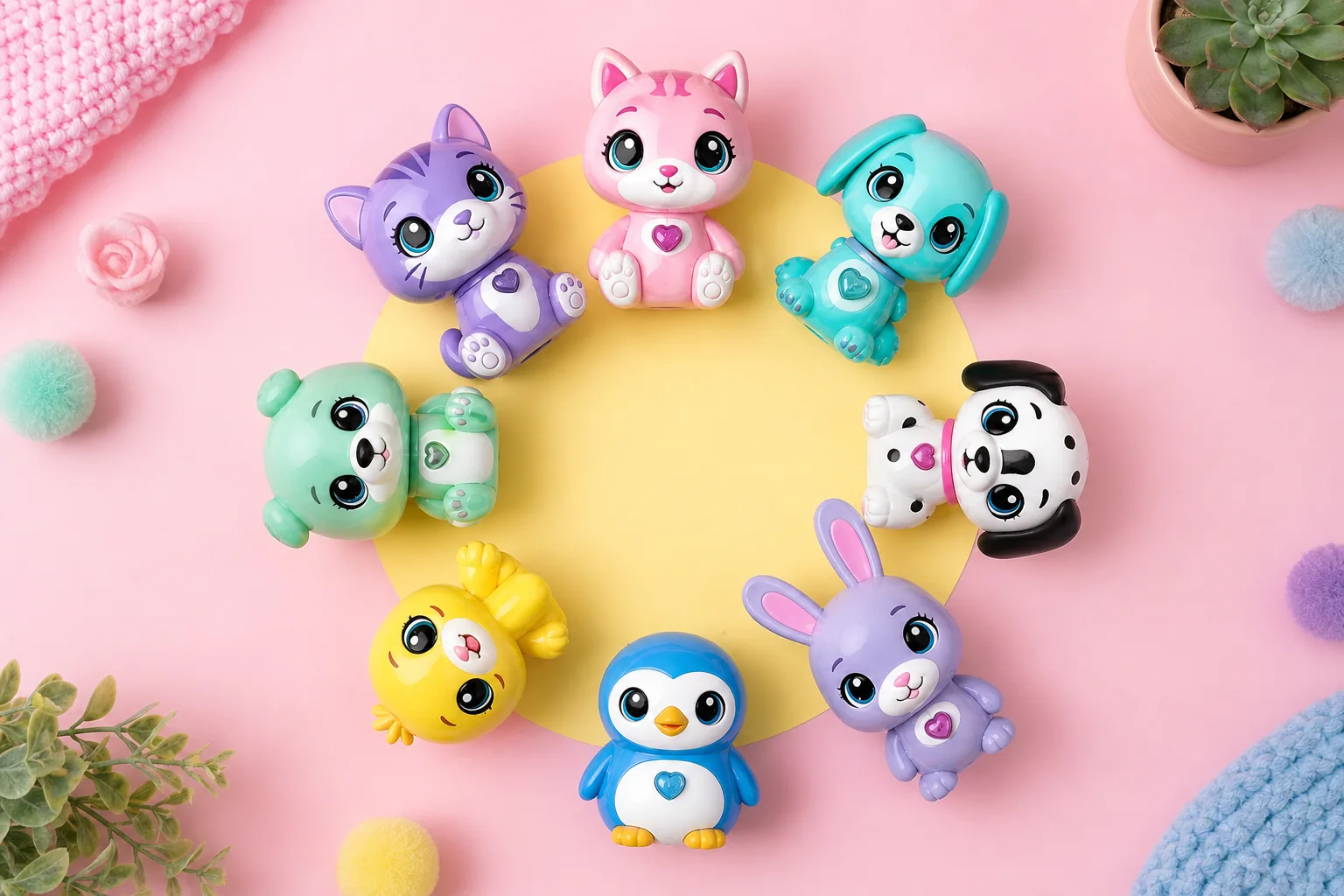 Fingerlings alignés sur étagère pastel
